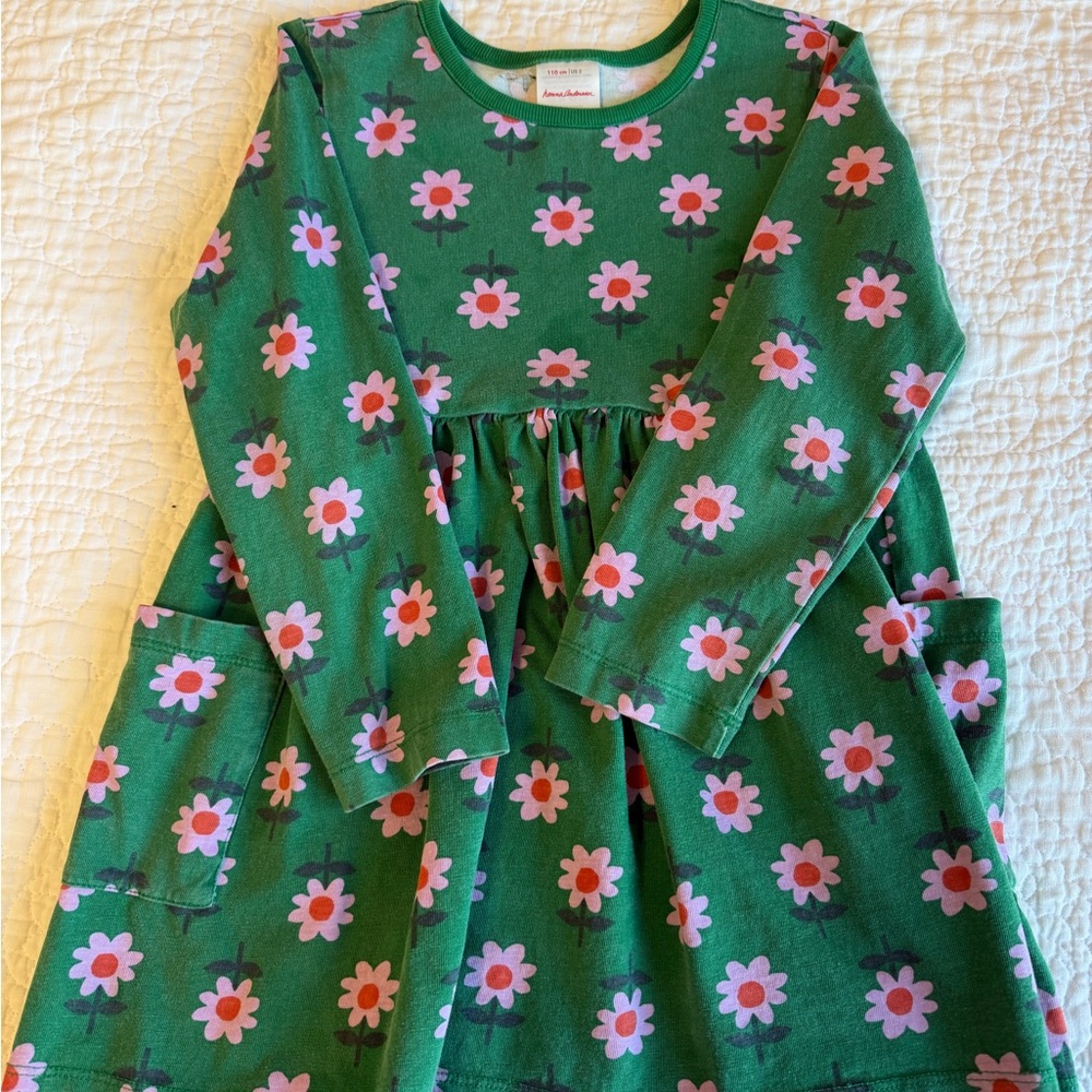 Hanna Andersson Long Sleeve Skater Green Dress with Pink Floral Design